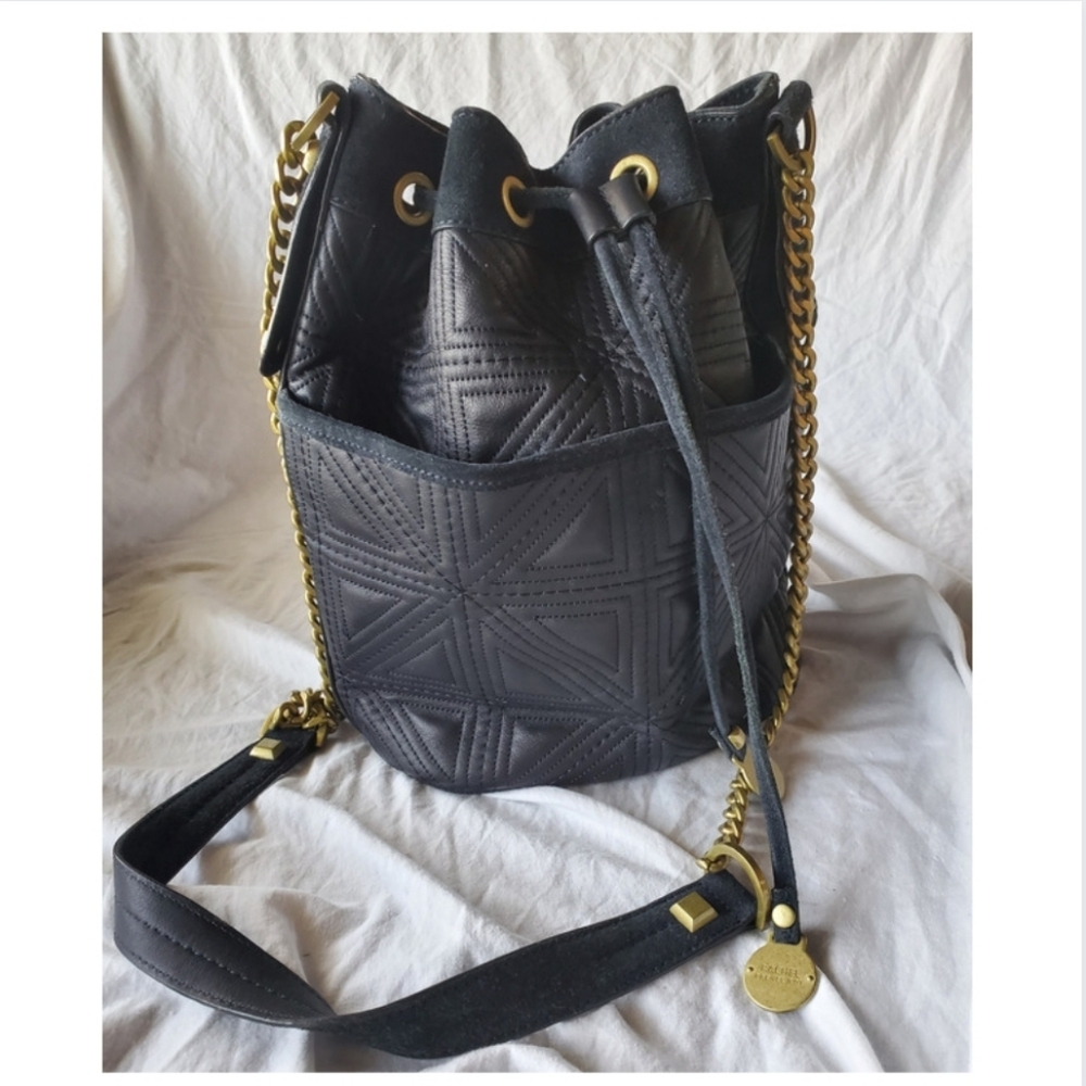 Rachel Roy & Jessica Stam Navy Leather Bucket Bag with Bronze-Gold
